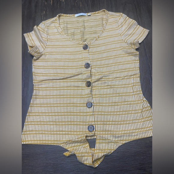 Notations Size S Yellow White Stripe Button Front Cap Sleeve Waist Tie Top - Picture 1 of 4